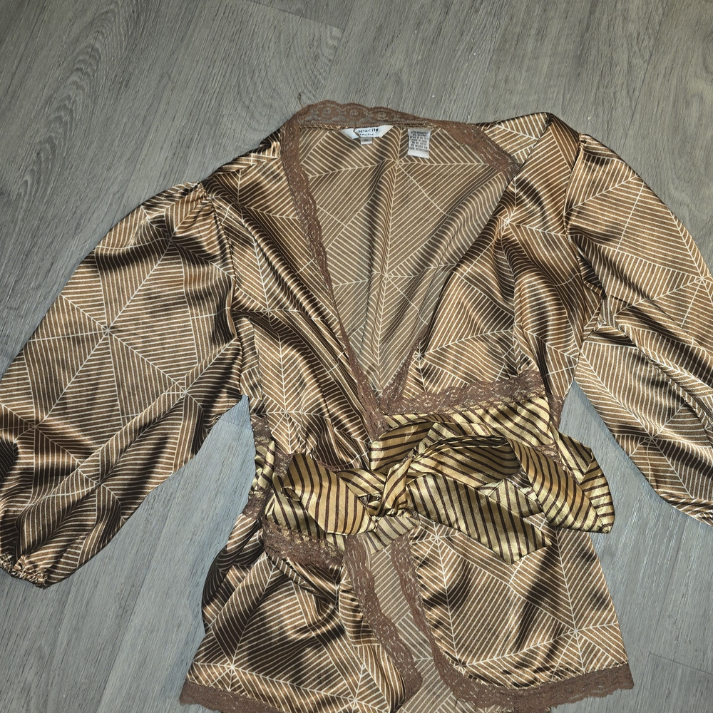 Satin Geometric Brown Kimono Wrap Top